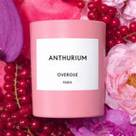 Overose Anthurium scented candle features notes of Blackcurrant Berries, Rose Petals and Lychee Syrup.
