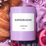 Overose Euphoriasme scented candle features dreamy fragrance notes of Cranberries, Crème Brulée, Croissant and Rose Blossom Water. The scent of a Parisian bakery.